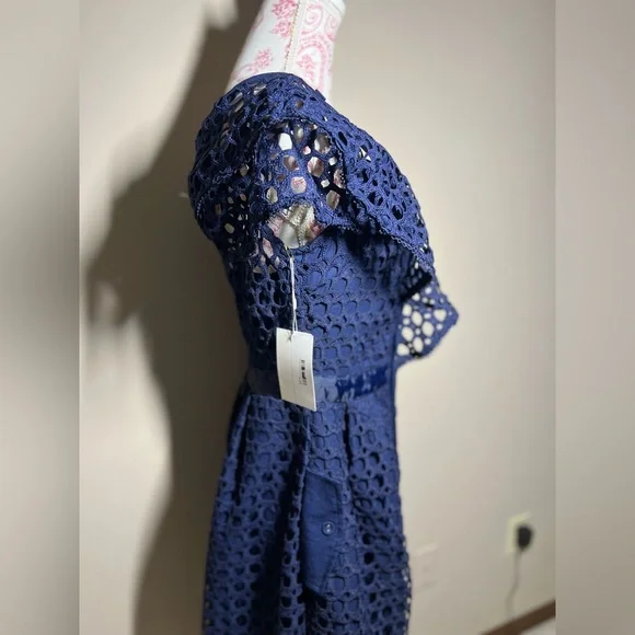 NWT LUXE Self Portrait Replica Navy One Shoulder Guipure Lace Midi Dress sz 8 - Picture 8 of 14